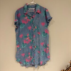 Beachy Tropical Floral Button-Up Shirt Dress — Blue with Pink & Teal Floral NWT